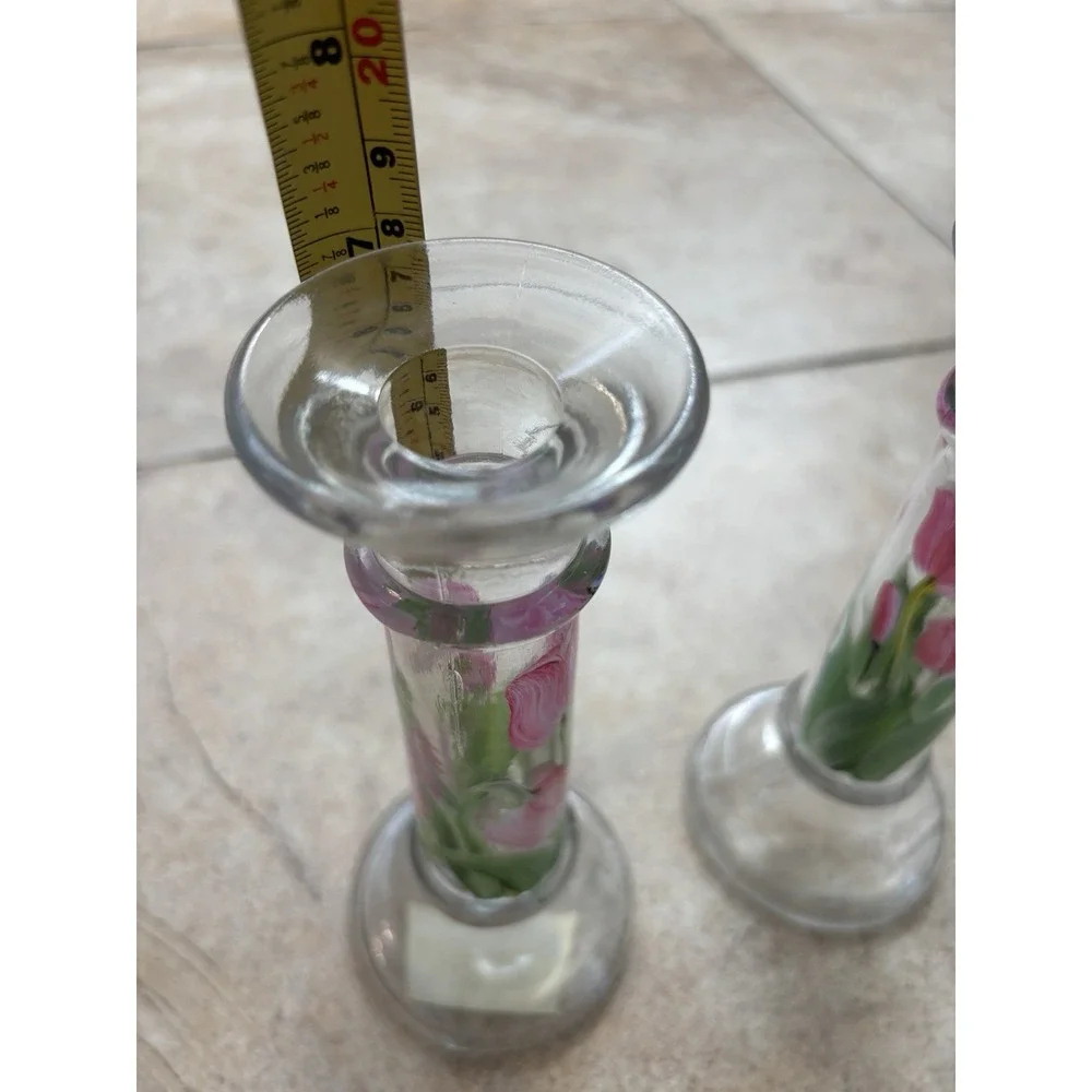 Christine Schreiber Forget-Me-Not Hand Painted Glass Candlesticks Tulips Pair